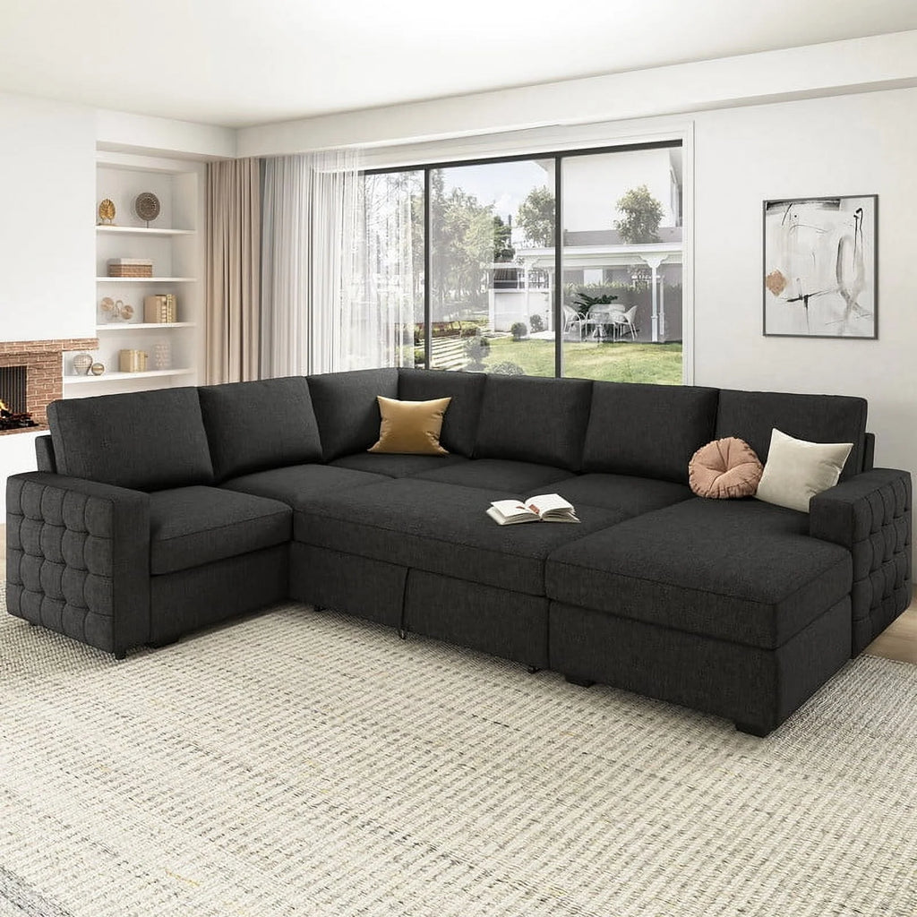 Dark Grey Convertible Sleeper Sectional Sofa with Pull-out Bed and Storage Chaise B4053