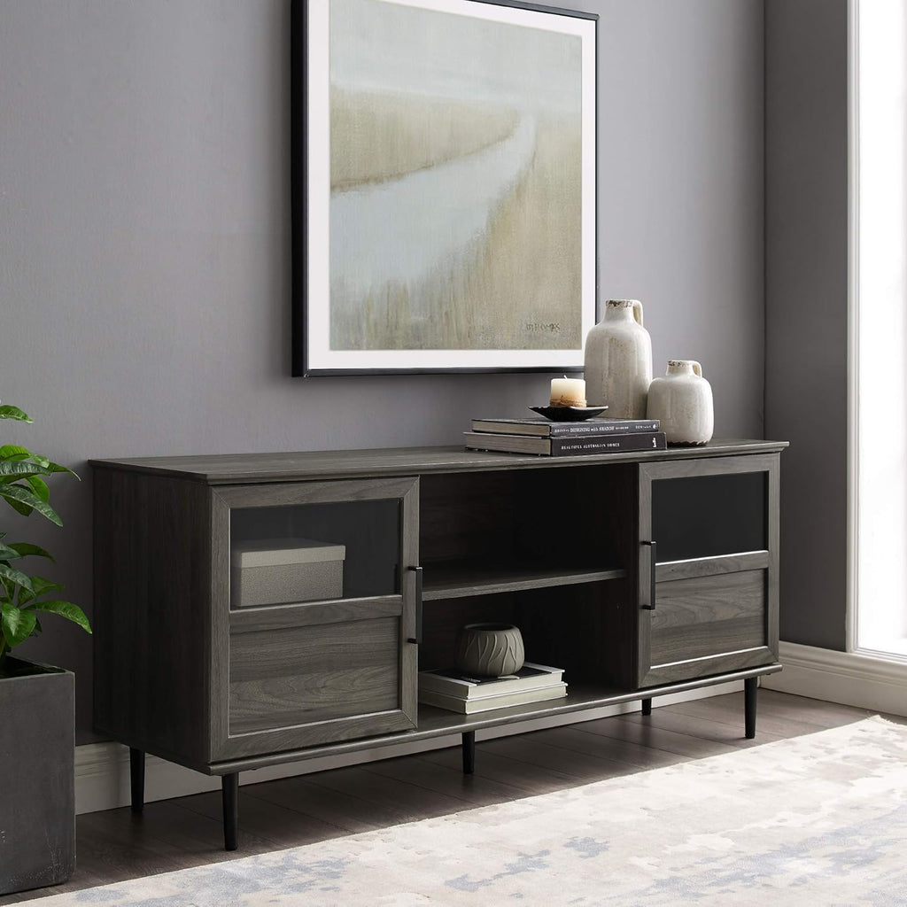 Slate Grey 58 Inch Wood and Glass TV Stand with 2 Cabinet Doors P281