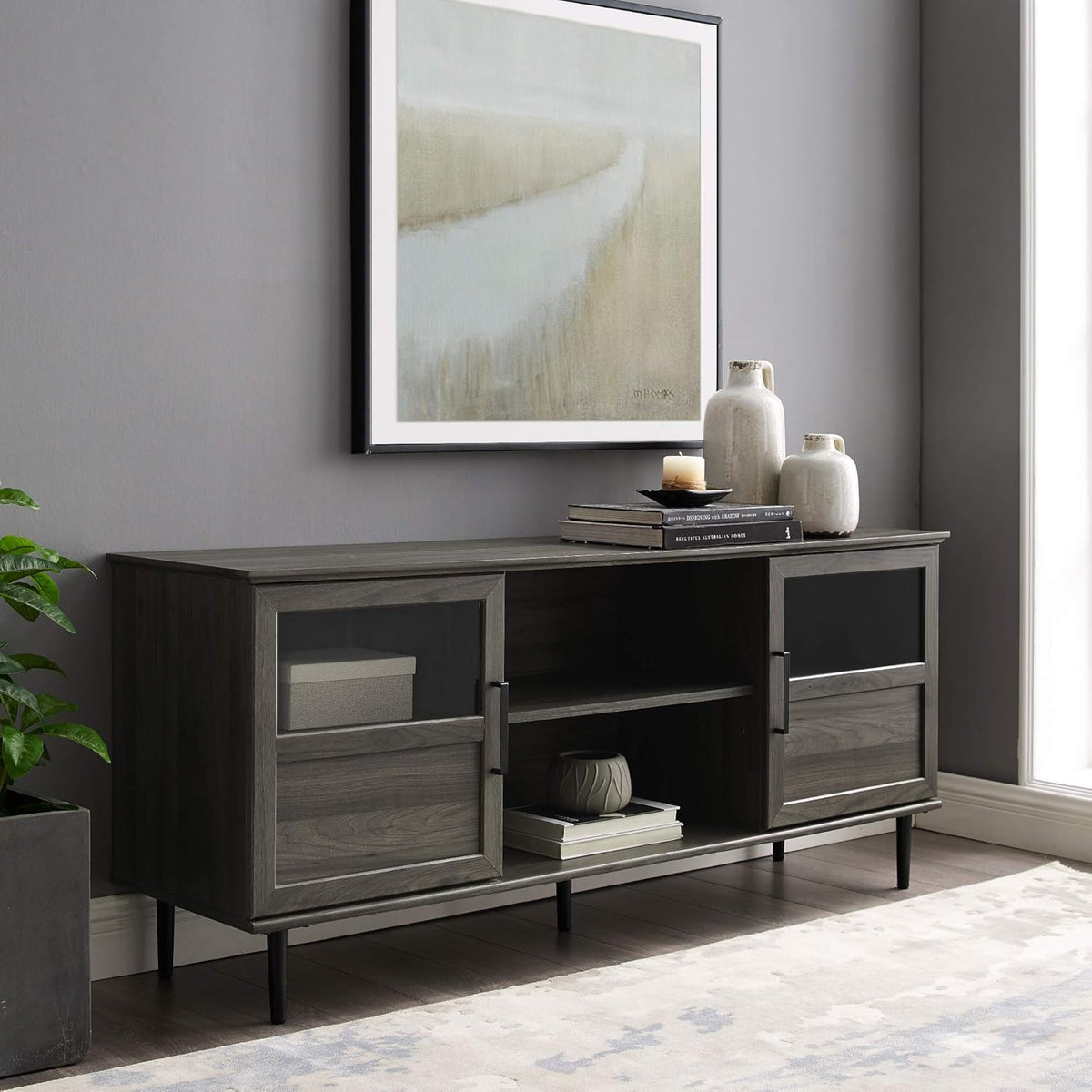 Slate Grey 58 Inch Wood and Glass TV Stand with 2 Cabinet Doors P281