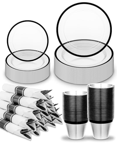 350PCS Disposable Plates Set, Clear and Black Dinnerware Sets, 100 Plastic Plates, 50 Plastic Cups, 50 Pre-Rolled Napkins with Cutlery U1677