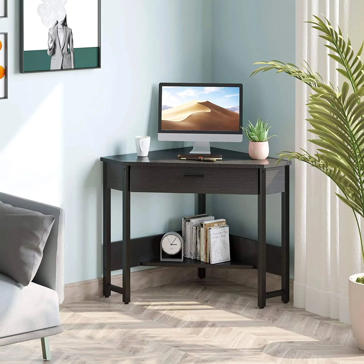 Black Corner Computer Desk with Storage Drawer T2179