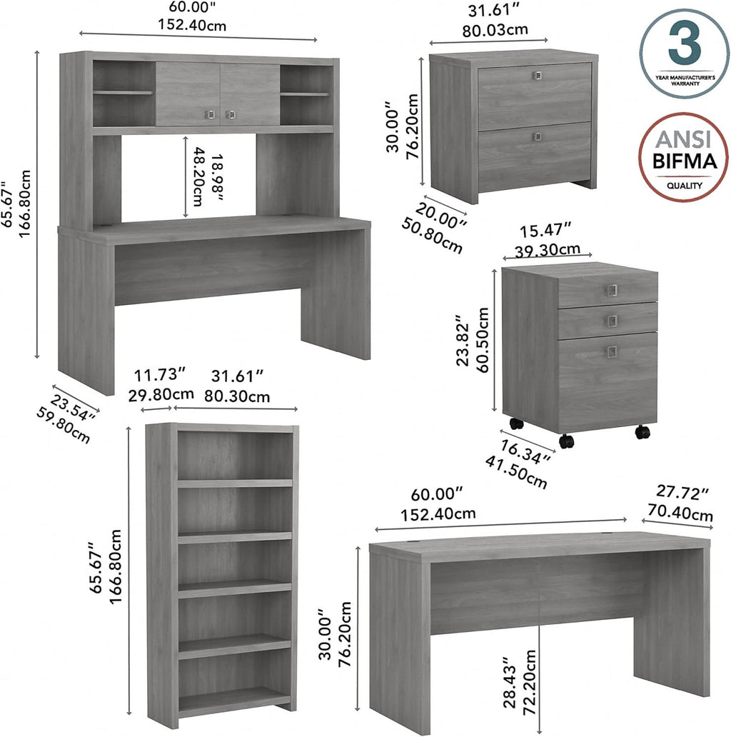 Modern Gray Bow Front Desk with Credenza, Hutch, Bookcase and File Cabinets A147986