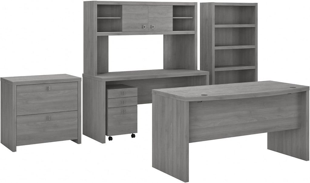 Modern Gray Bow Front Desk with Credenza, Hutch, Bookcase and File Cabinets A147986