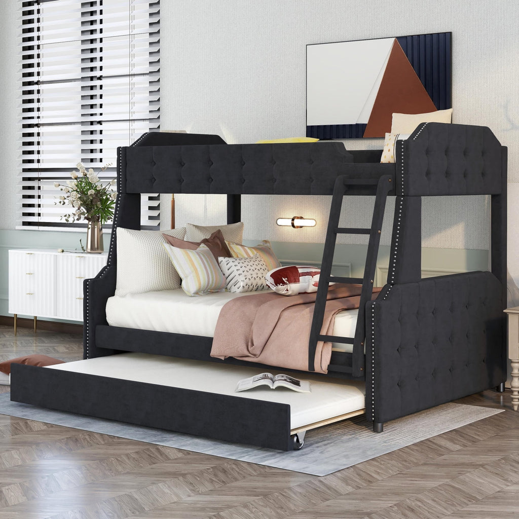 Black Upholstered Twin-Over-Full Bunk Bed with Trundle J1848