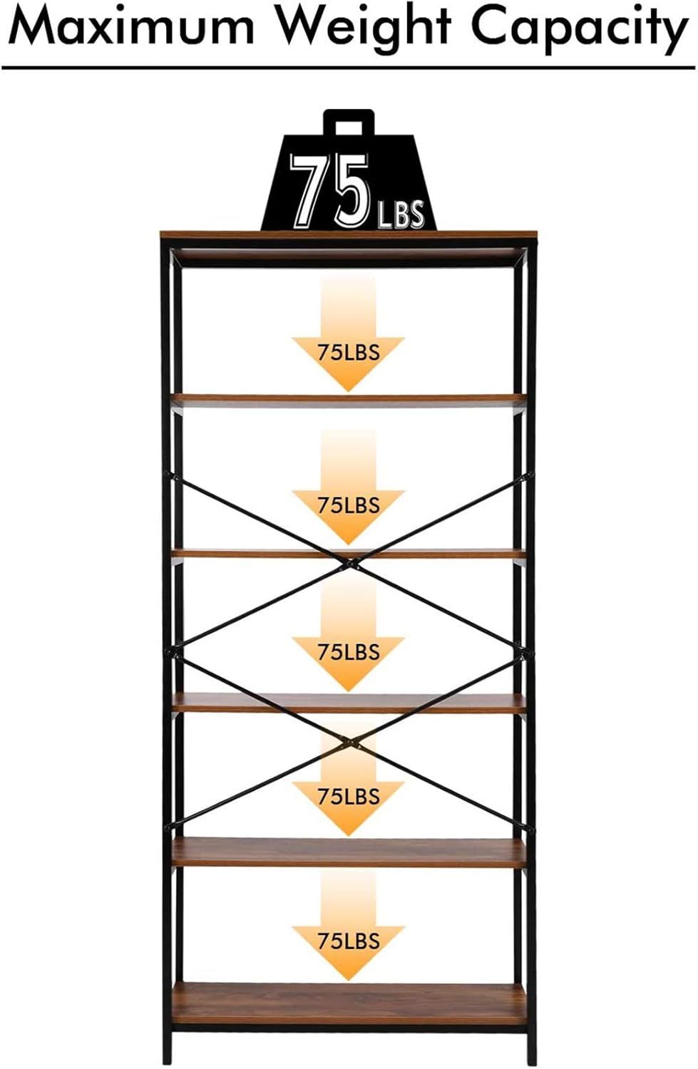 Industrial 5 Shelf Metal and Wooden Bookshelf E312