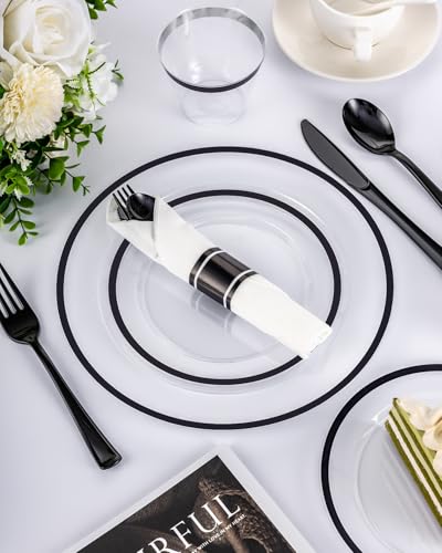 350PCS Disposable Plates Set, Clear and Black Dinnerware Sets, 100 Plastic Plates, 50 Plastic Cups, 50 Pre-Rolled Napkins with Cutlery U1677
