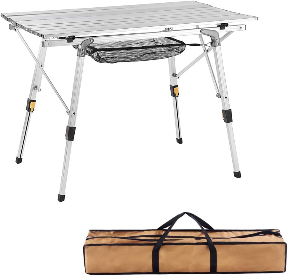 Outdoor Folding Portable Camping Table with Adjustable Legs Roll Up Table Top Mesh Layer S250
