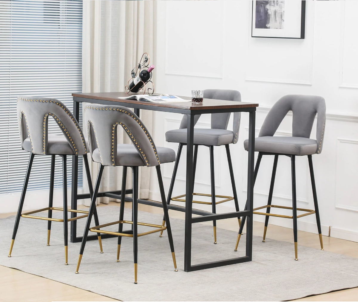Velvet Upholstered Bar Stools with Back 30 inch Seat Height Set of 4 I643