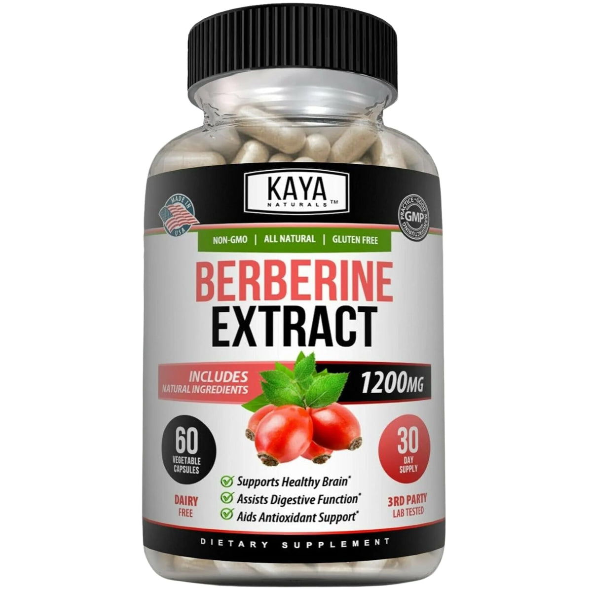 Berberine HCL Extract 1200mg Vegetarian Non-GMO Gluten-Free Supplement 60 Count I6692