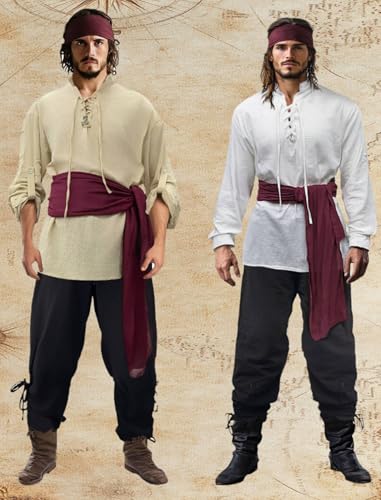 Khaki Large Mens Pirate Costume Outfit With Pants Shirts Sash Accessories O786896