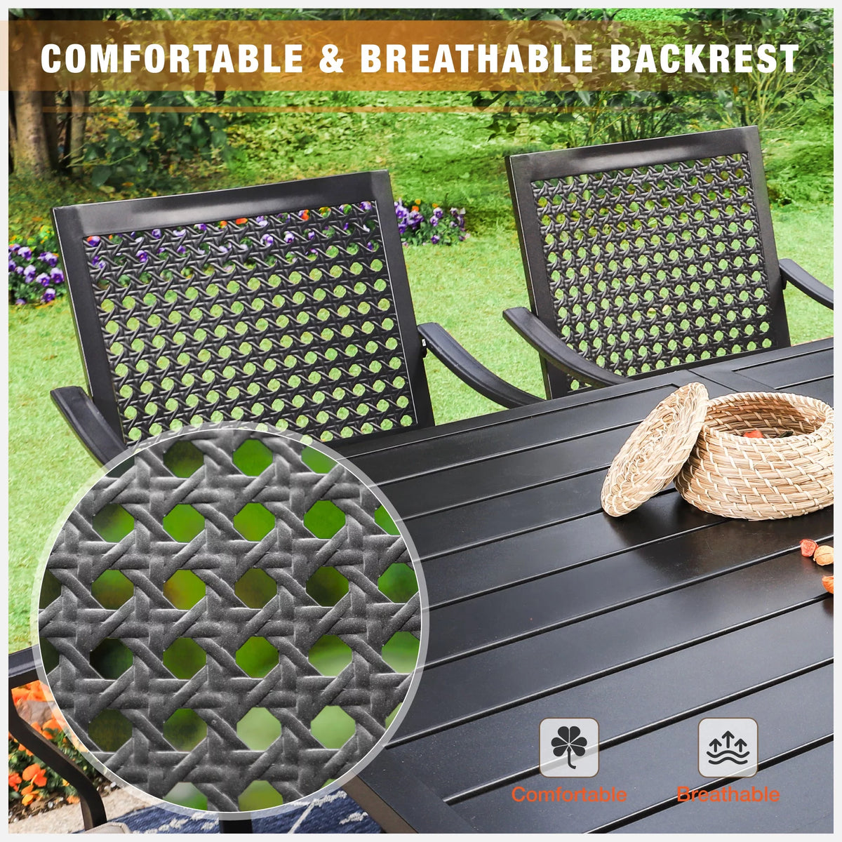 7 Piece Outdoor Patio Dining Set with 6 Cushioned Swivel Chairs and Teak Wood Table U435589