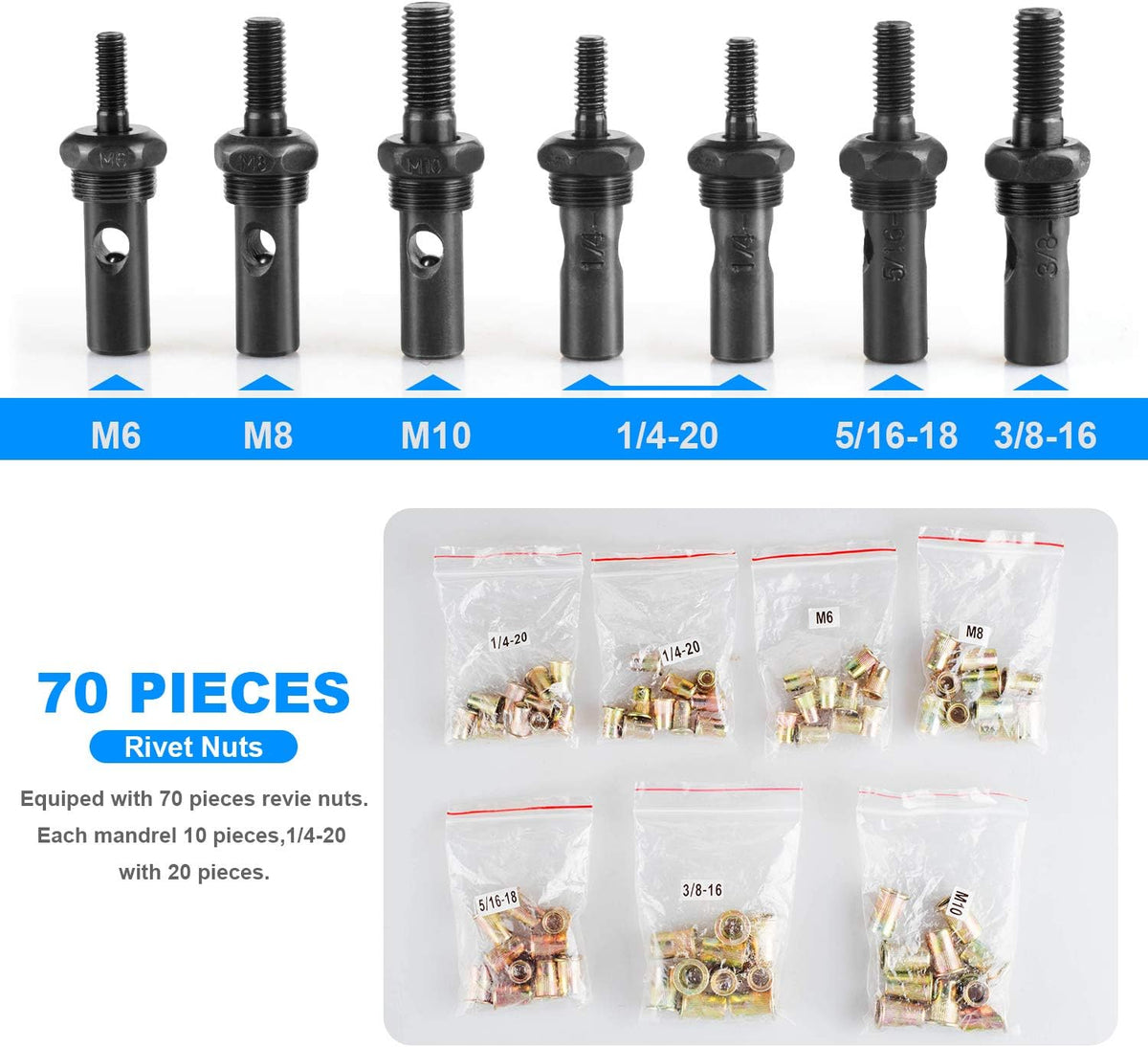 Rivet Nut Tool with 7 Mandrels, 70pcs Rivnuts and Carry Case, Pack of 2 P29330