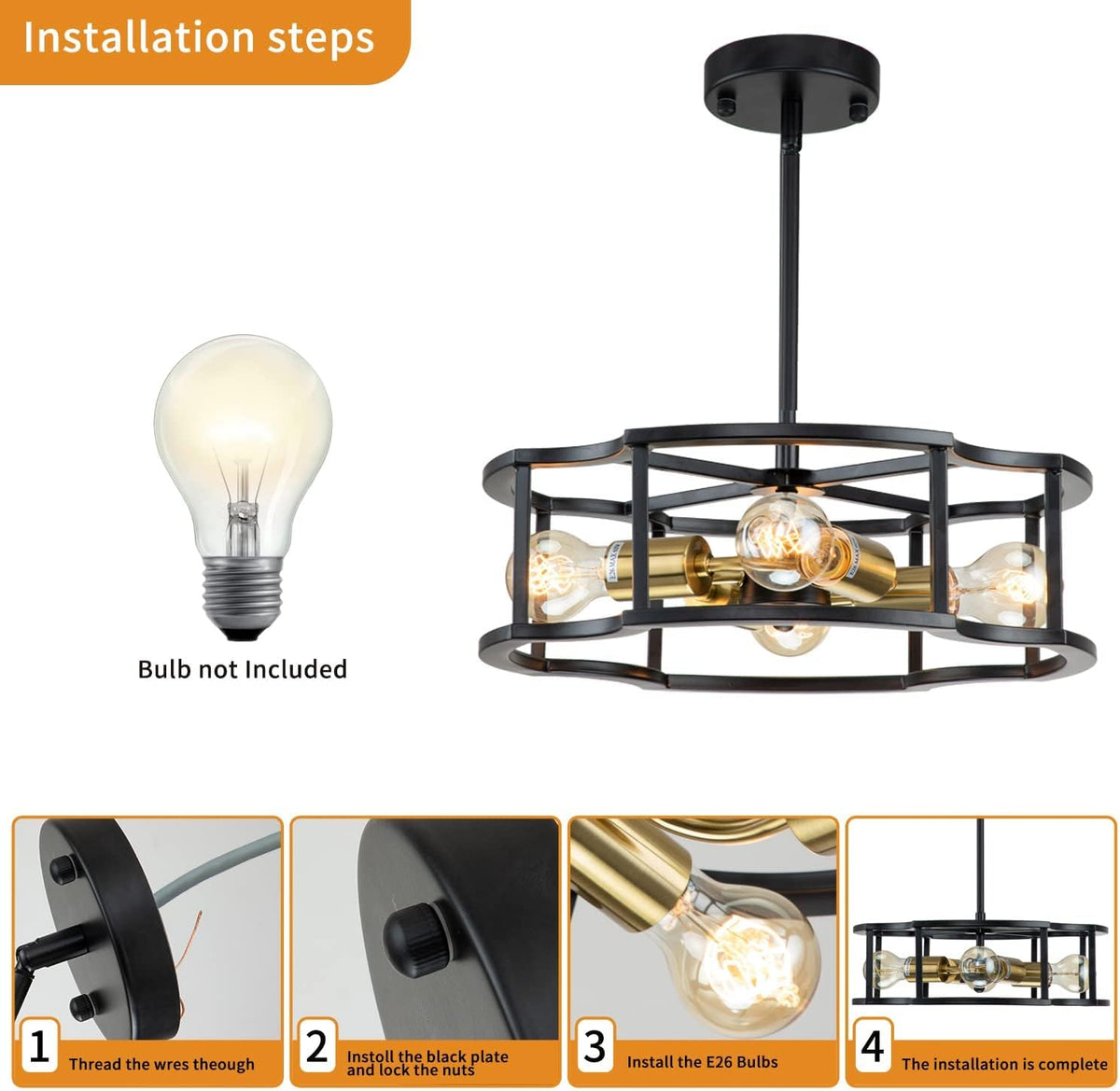 4-Light Black Drum Ceiling Chandelier I401791