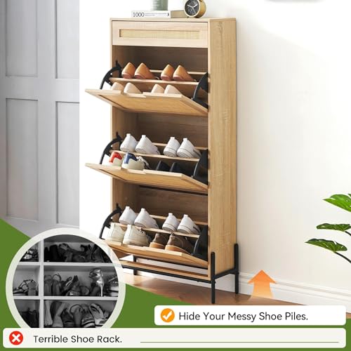 Rattan Shoe Storage Cabinet with 3 Flip Doors, 1 Drawer, and Adjustable 3-Tier Shelves L1130