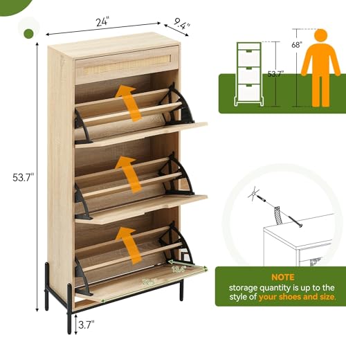 Rattan Shoe Storage Cabinet with 3 Flip Doors, 1 Drawer, and Adjustable 3-Tier Shelves L1130