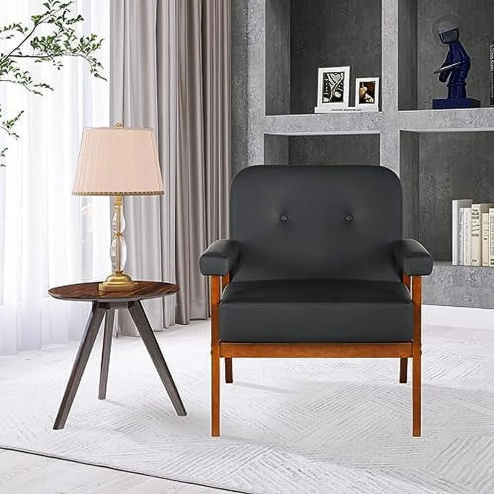 Black Faux Leather Accent Chairs Set of 2 with Wood Arms W280