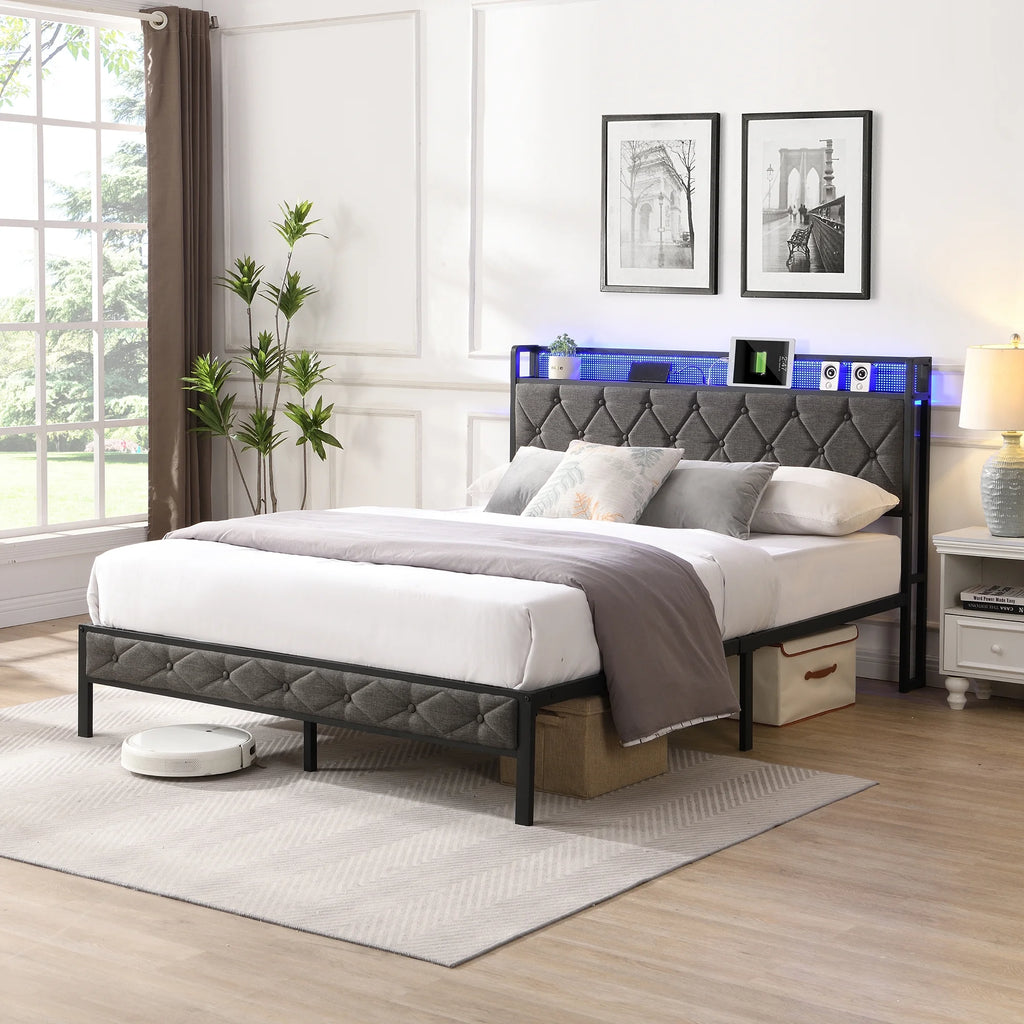 King Size Storage Upholstered LED Bed Frame R9761
