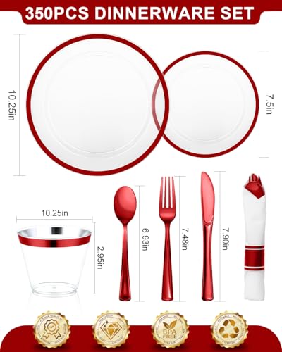 350PCS Disposable Plates Set, Clear and Black Dinnerware Sets, 100 Plastic Plates, 50 Plastic Cups, 50 Pre-Rolled Napkins with Cutlery U1677