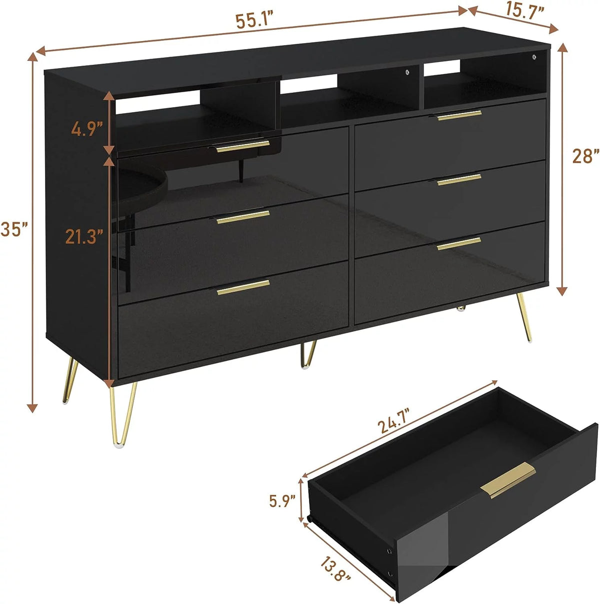 White 6 Drawer Wood Dresser with Metal Handles S9015