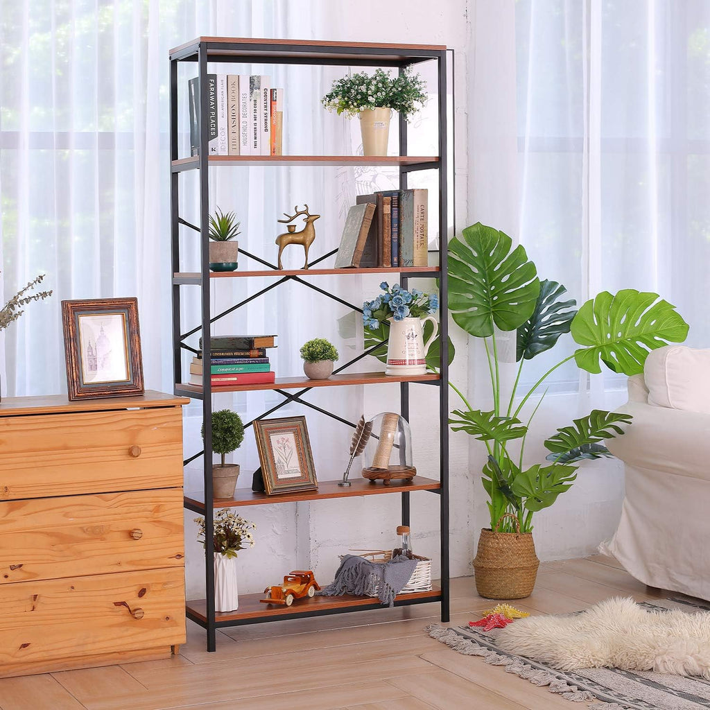 Industrial 5 Shelf Metal and Wooden Bookshelf E312