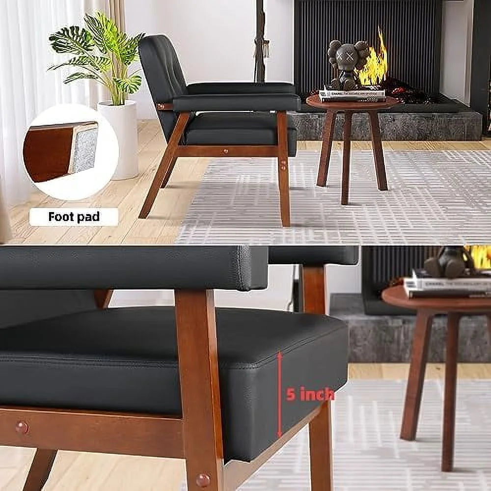 Black Faux Leather Accent Chairs Set of 2 with Wood Arms W280