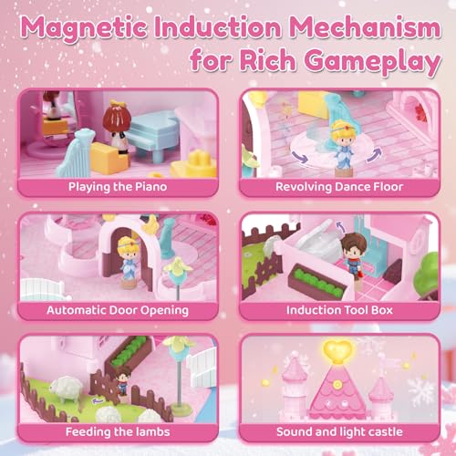Castle Playset with 4 Magnetic Control Movable Toys, Magnetic Doll House Building Toys with Light & Music（Pink） L601696