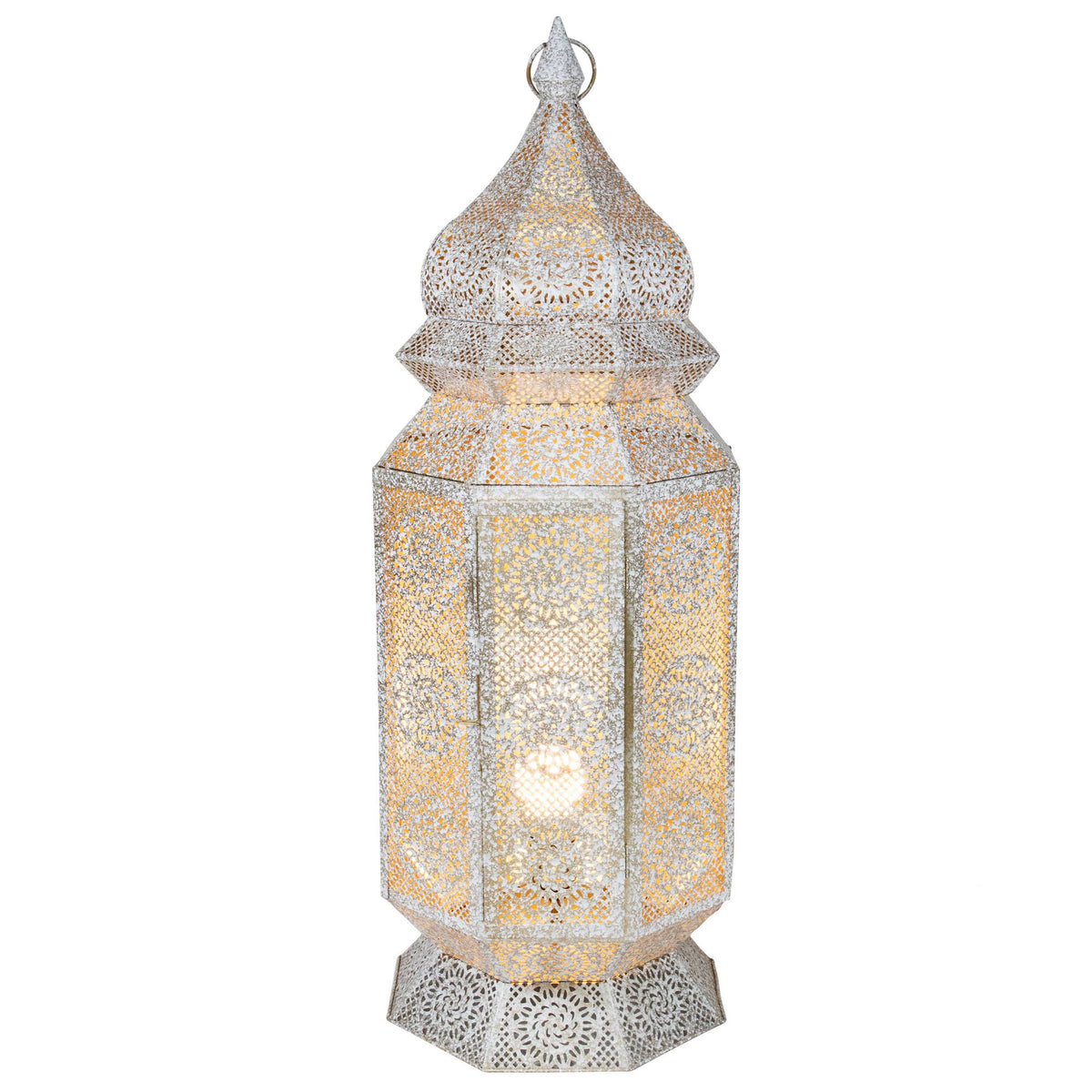 Distressed White and Gold Moroccan Cut-Out Floor Lantern Lamp O908