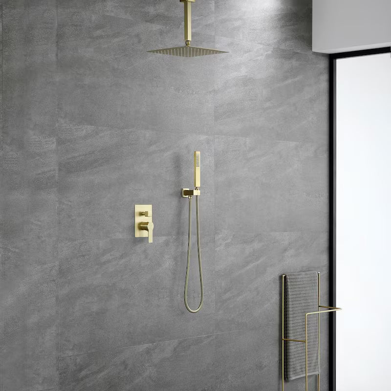 12 in. Ceiling Mount Dual Shower Heads with Pressure Balance Valve in Brushed Gold C152