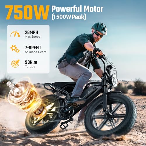 1500W Peak Brushless Motor 28 MPH 60 Miles Fat Tire E Bike with 48V 15Ah Removable Battery 20" Electric Dirt Bike Hydraulic Suspension 7-Speed M846