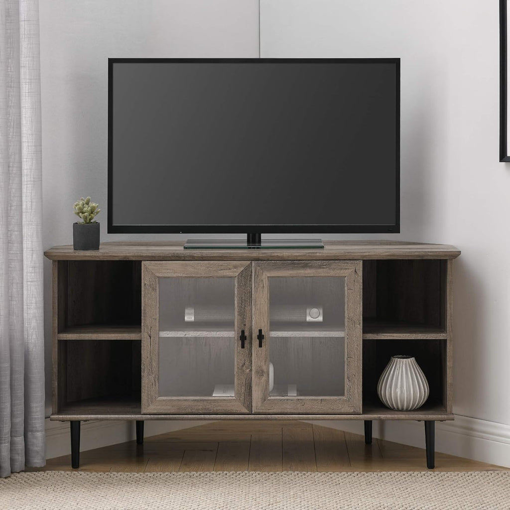 Slate Grey 58 Inch Wood and Glass TV Stand with 2 Cabinet Doors P281
