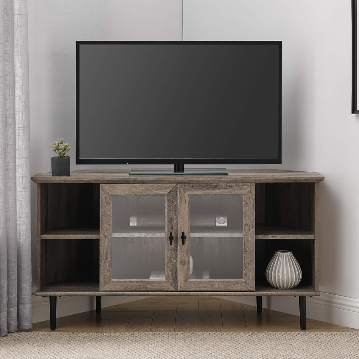Slate Grey 58 Inch Wood and Glass TV Stand with 2 Cabinet Doors P281