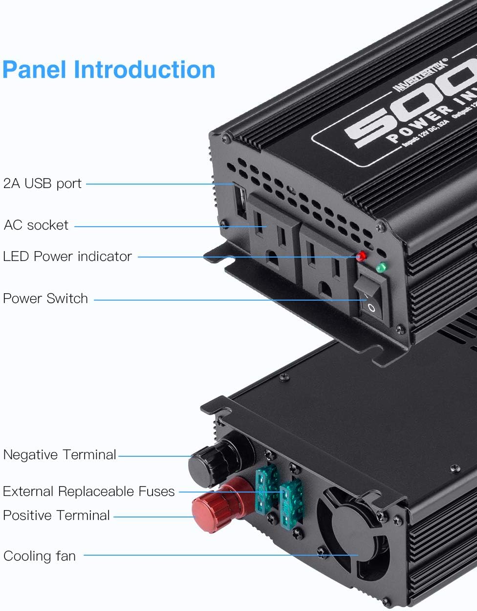 750W Power Inverter DC 12V to 110V AC Car Adapter with 2A USB Charger and 2 AC Outlets N515