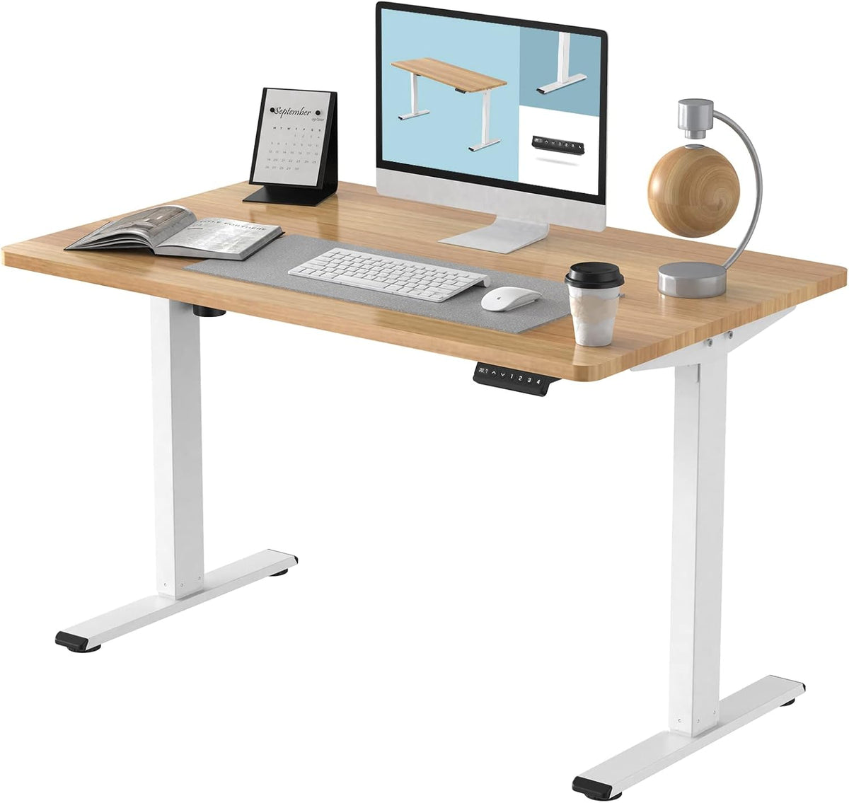 Bamboo Standing Desk 48 x 24 Inches Electric Sit Stand Up Desk with White Frame Q7734