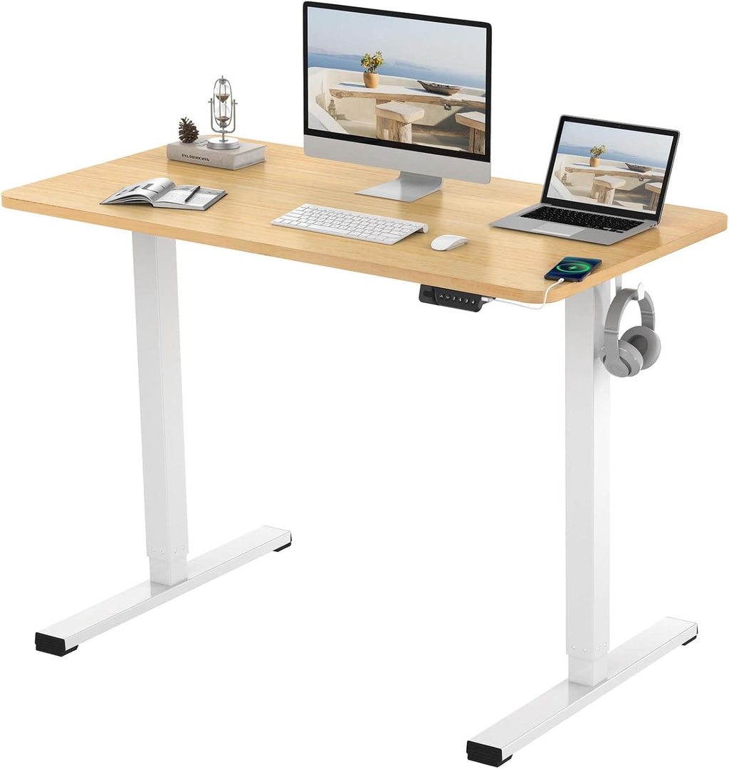 Bamboo Standing Desk 48 x 24 Inches Electric Sit Stand Up Desk with White Frame Q7734