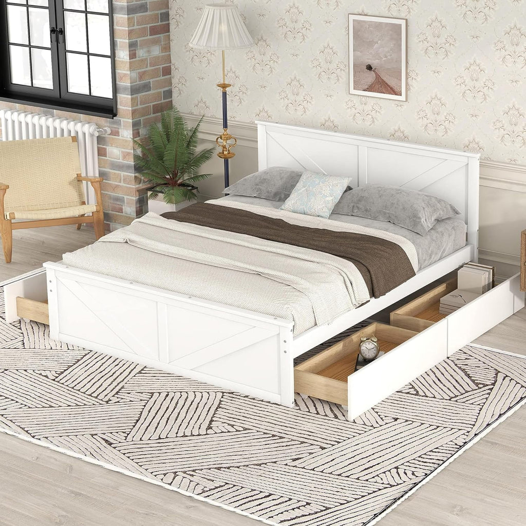 White Queen Size Platform Bed with 4 Drawers A428