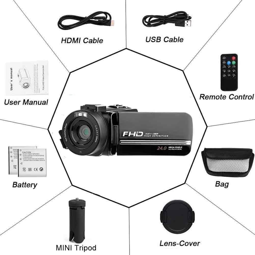 FHD 1080P 30FPS 24MP 16X Digital Zoom 3 Inch Touch Screen Video Camera Camcorder with Remote Control and Tripod K983