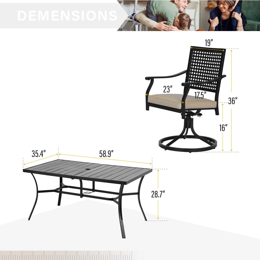7 Piece Outdoor Patio Dining Set with 6 Cushioned Swivel Chairs and Teak Wood Table U435589