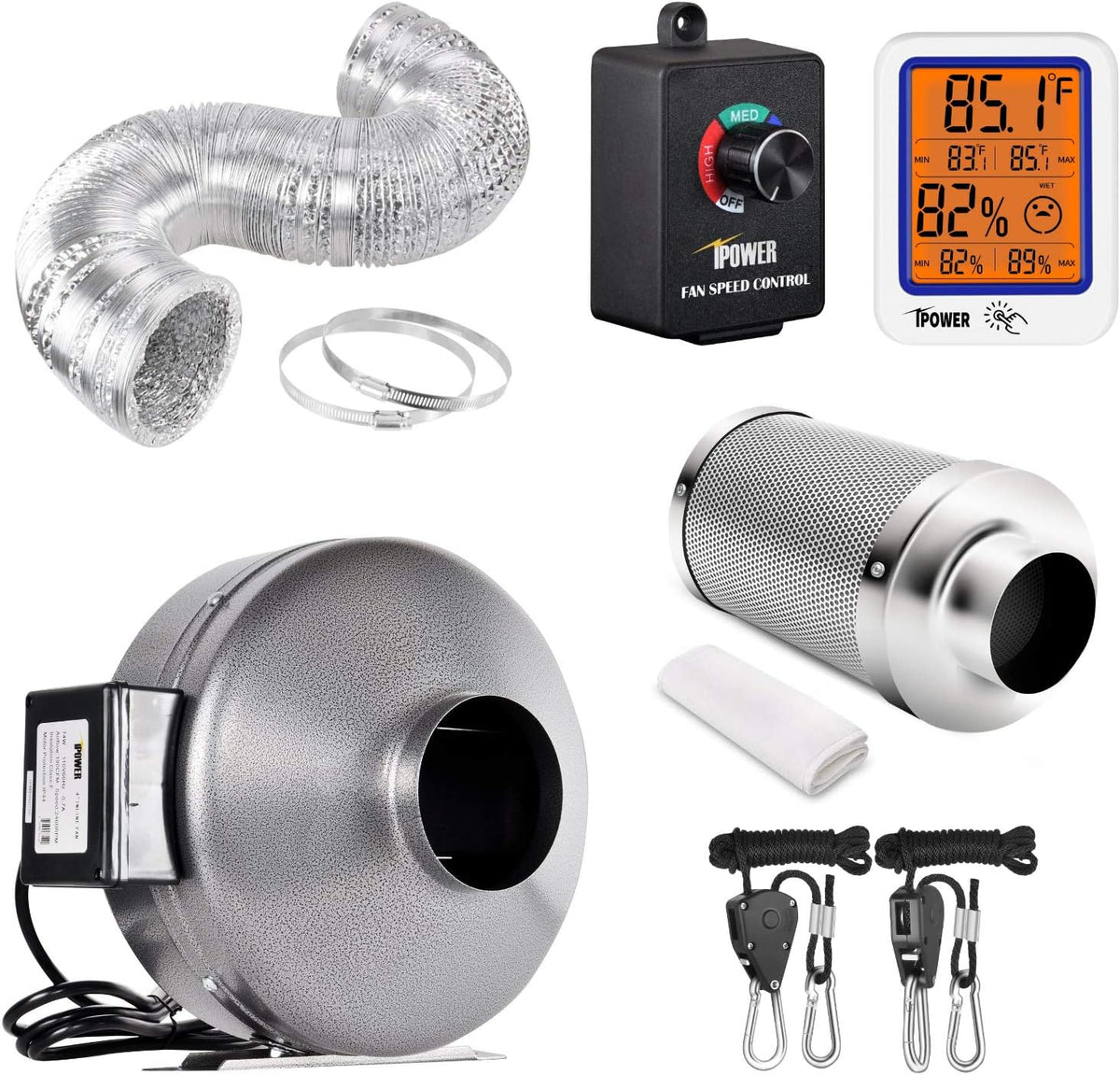 6 Inch 442 CFM Inline Duct Ventilation Fan with Carbon Filter, Variable Speed Adjuster, Digital Hygrometer Thermometer, 25 feet Vent Hose Combo, 1-Pair Rope Clip Hanger T5939