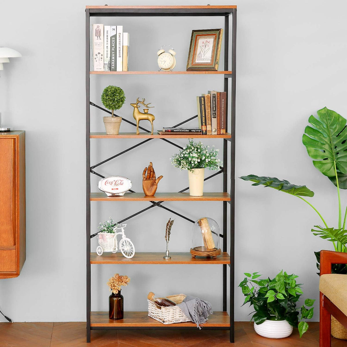 Industrial 5 Shelf Metal and Wooden Bookshelf E312