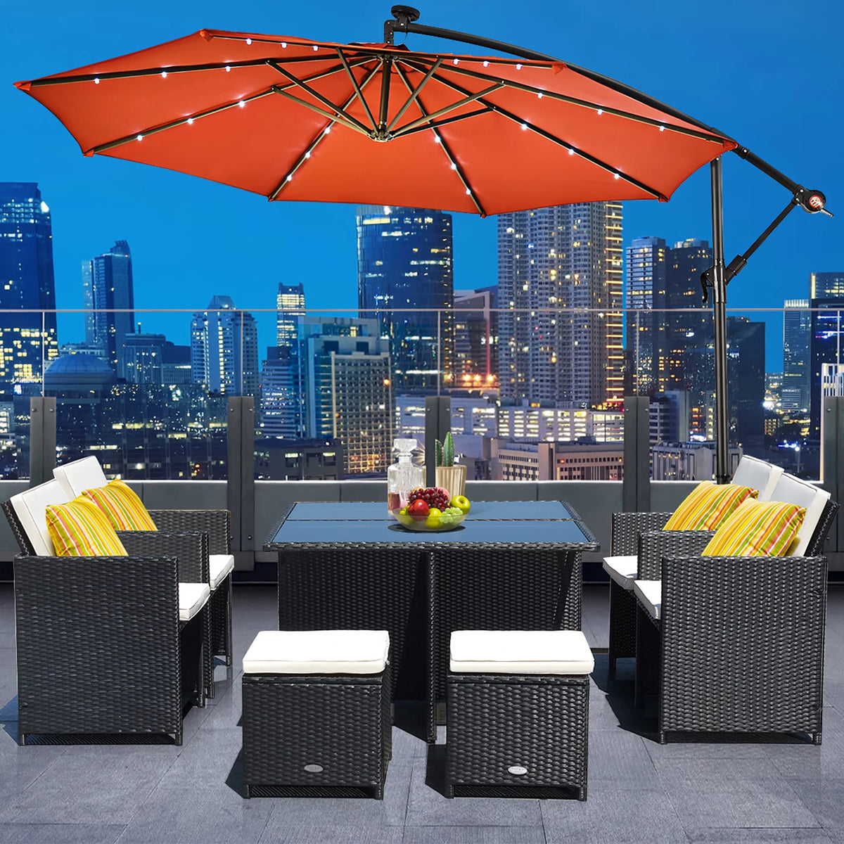 10' Solar LED Hanging Patio Umbrella with Base Tan T54625
