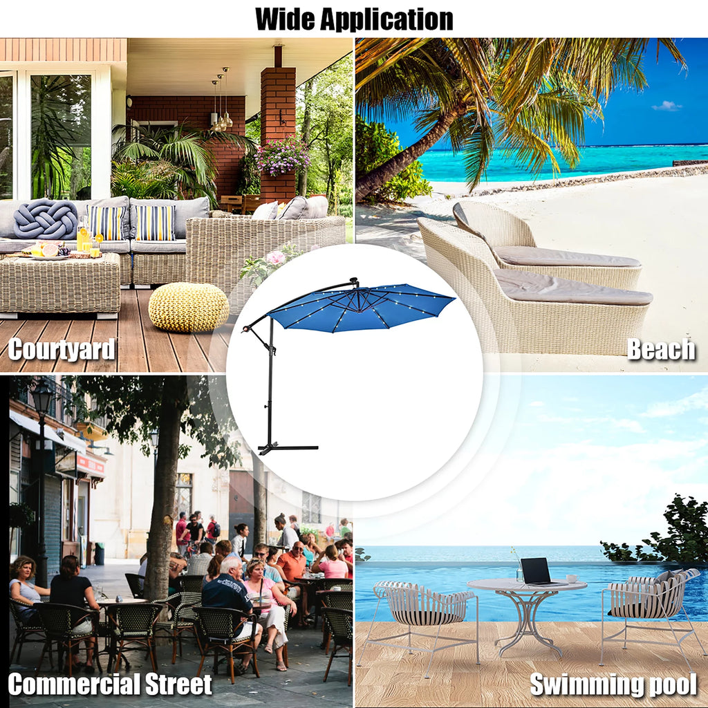 10' Solar LED Hanging Patio Umbrella with Base Tan T54625