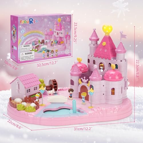 Castle Playset with 4 Magnetic Control Movable Toys, Magnetic Doll House Building Toys with Light & Music（Pink） L601696