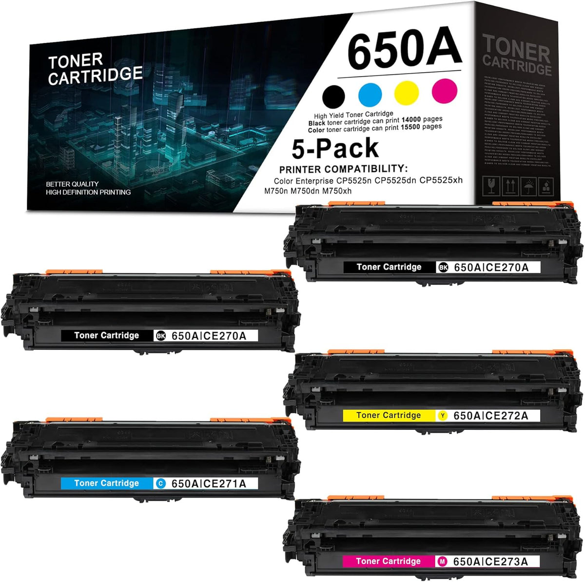 5 Pack Remanufactured Toner Cartridge for HP Color Enterprise CP5525n CP5525dn CP5525xh M750n M750dn M750xh G217230