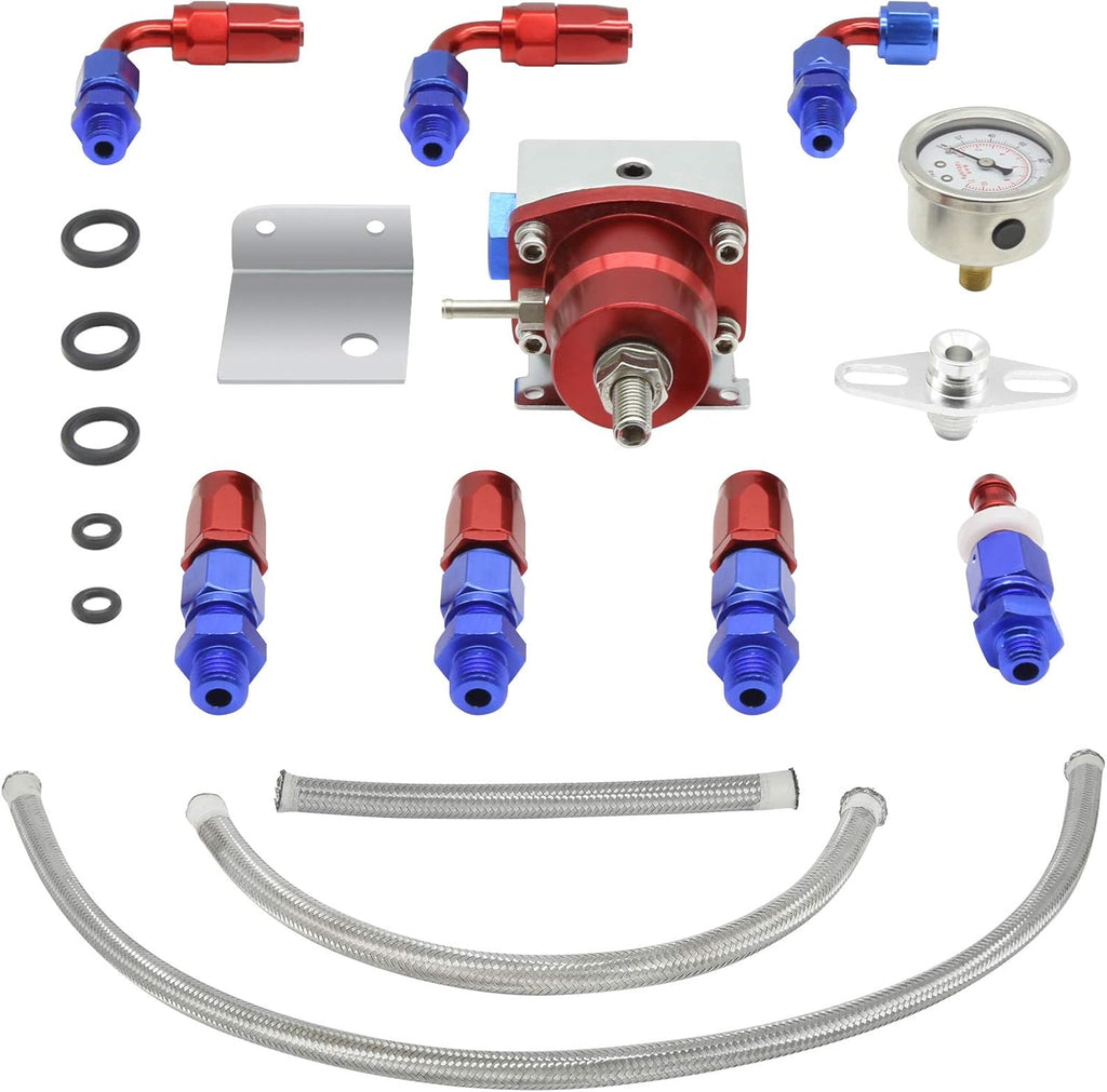 Fuel Pressure Regulator Kit with Pressure Gauge, AN6 Fuel Line, 7Pcs Hose Fitting Connectors, Pack of 2 V89484