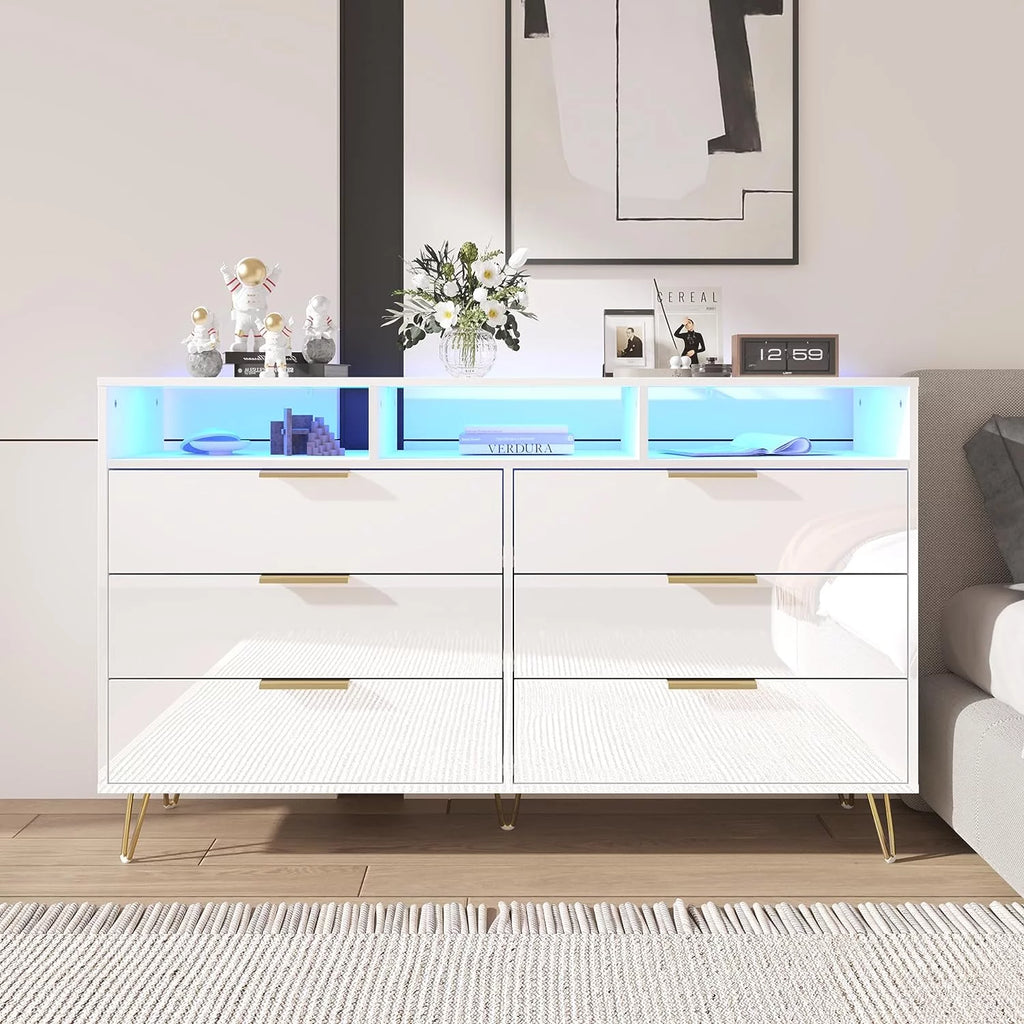 White 6 Drawer Wood Dresser with Metal Handles S9015