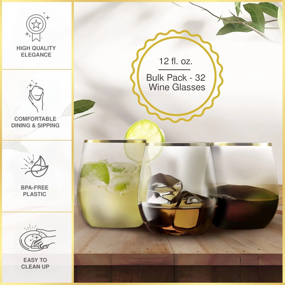 32 Pack Stemless Plastic Wine Glasses 12 oz Gold Rim E278