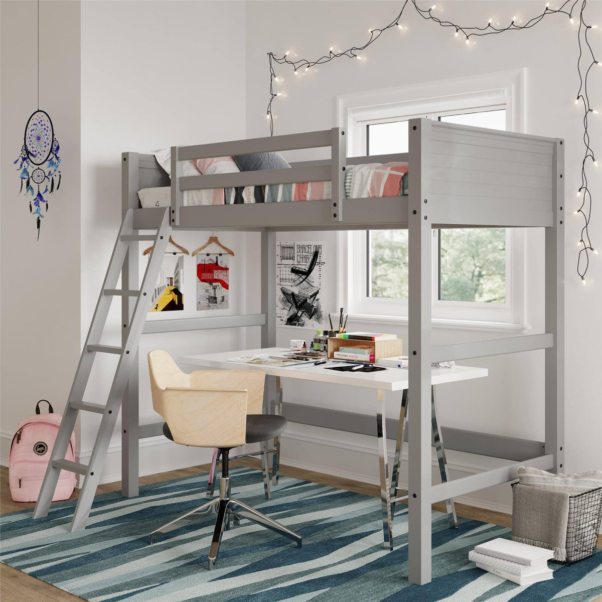 Grey Wooden Loft Bed with Ladder T203205