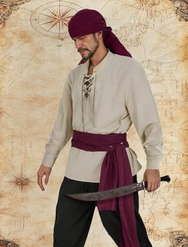 Khaki Large Mens Pirate Costume Outfit With Pants Shirts Sash Accessories O786896
