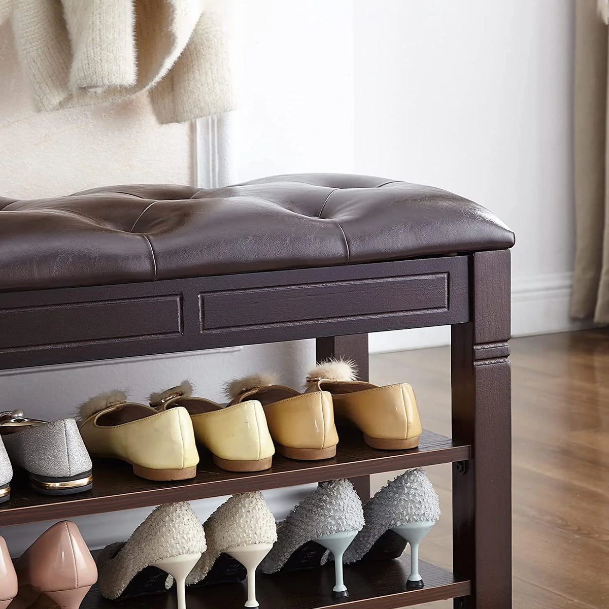 Brown Shoe Storage Bench with Cushion V4233
