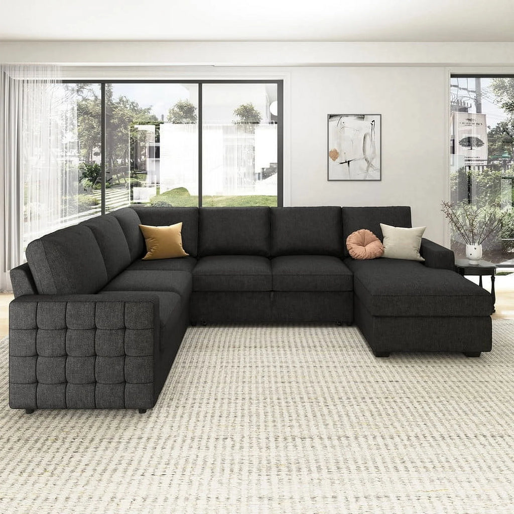 Dark Grey Convertible Sleeper Sectional Sofa with Pull-out Bed and Storage Chaise B4053